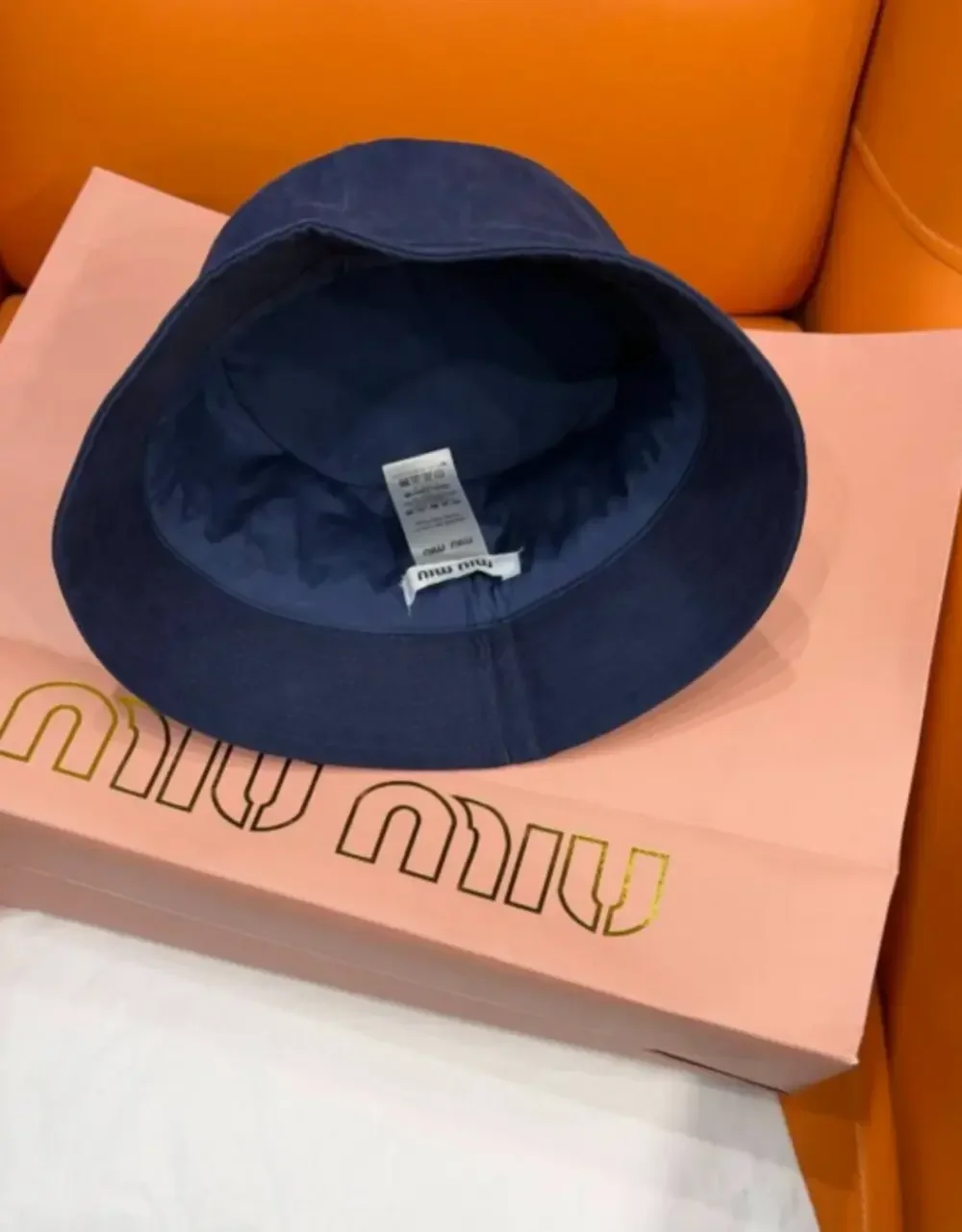 Miu Miu Navy Blue Logo Embroidered Bucket Hat with Drawstring
